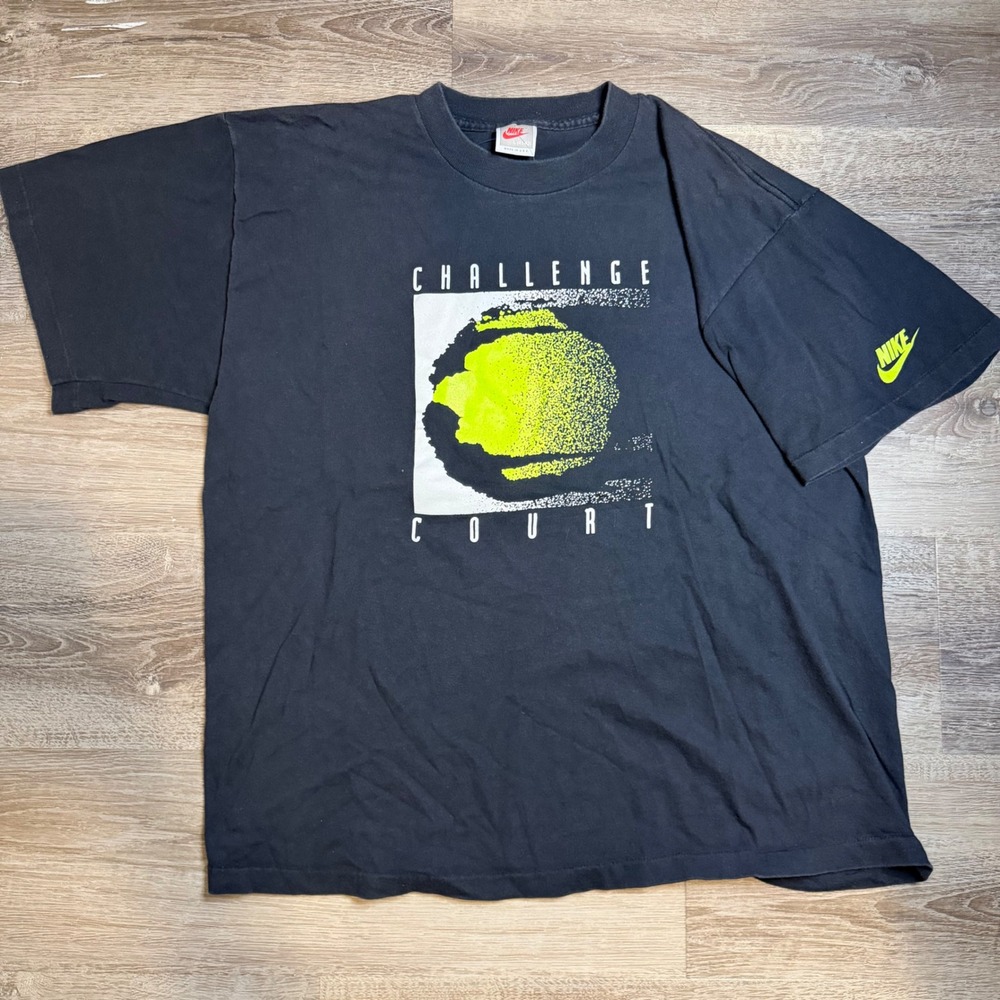 Vintage RARE Nike Challenge Court T Shirt Mens Large Black Neon 90s Made in USA